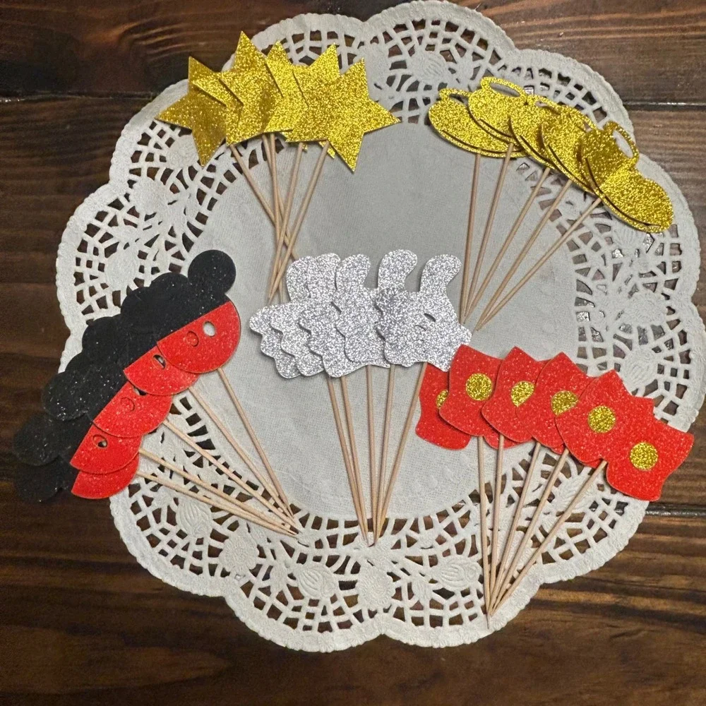 25pc Mouse Theme Glitter Cupcake Toppers Birthday Party Decor Red Gold Silver‎